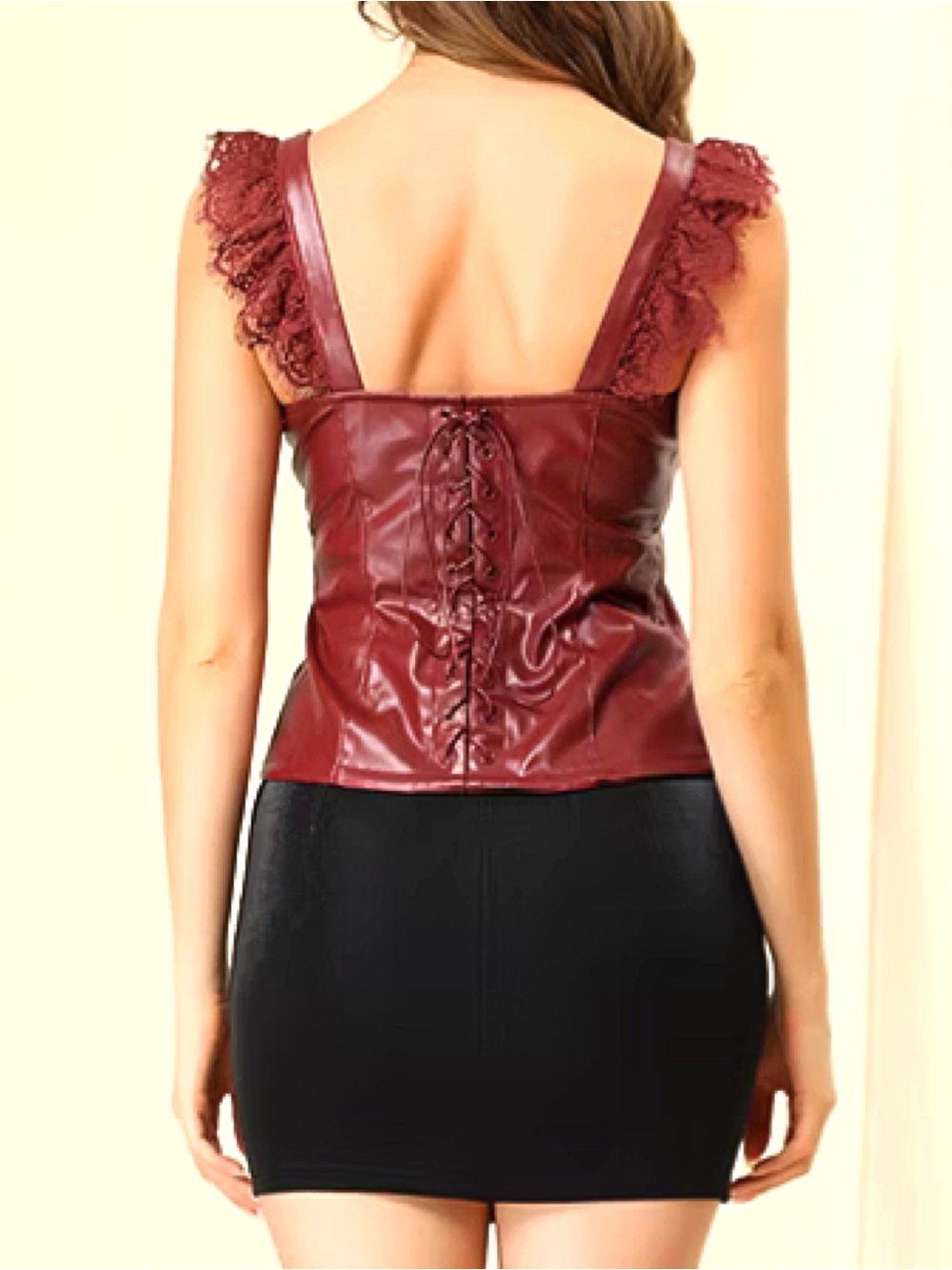 Allegra K • NWT • Wine Red Back Lace up Faux Leather Top • 20" p2p 22" Length - Picture 3 of 6